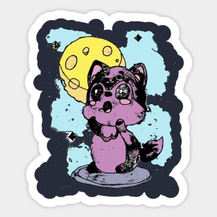 Cute Kawaii Howling Wolf Full Moon Weathered Edit Sticker